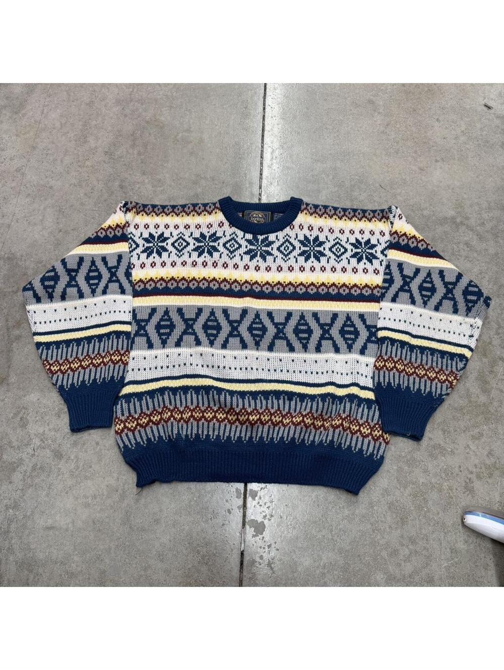 vintage bonjour white navy and yellow striped knit sweater size xl
